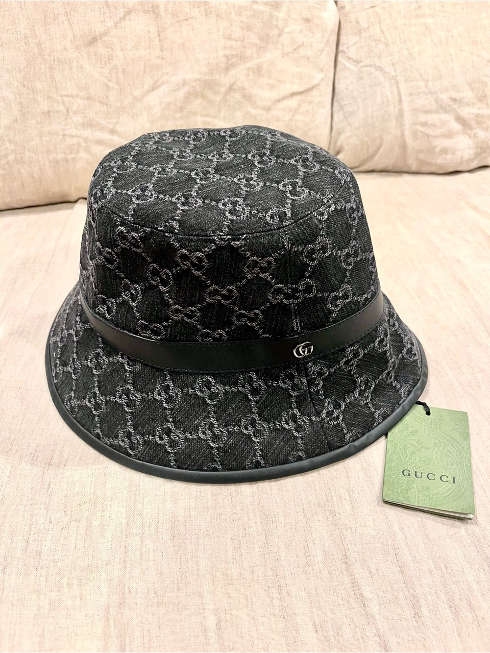 Gucci $890 Black Denim with Leather Trim GG Logo Bucket Hat
